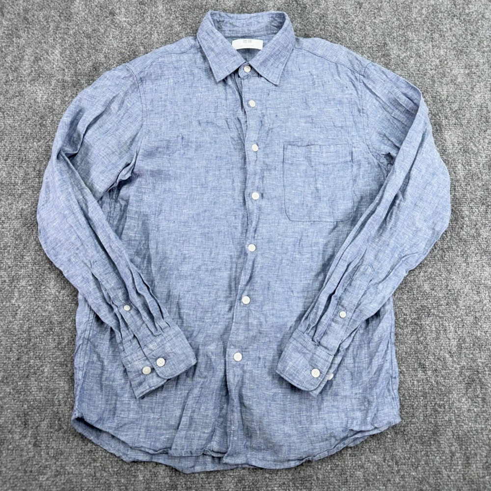 Uniqlo Shirt Mens‎ Small Blue Premium Linen Button Up Long Sleeve Pocket